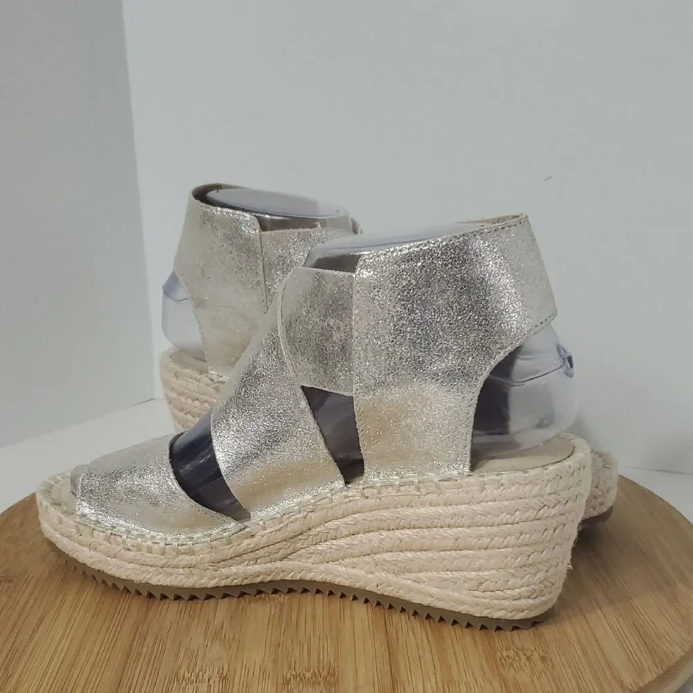 Eileen Fisher Willow Metallic Gold Platform Wedge Espadrille Sandals Women's 7